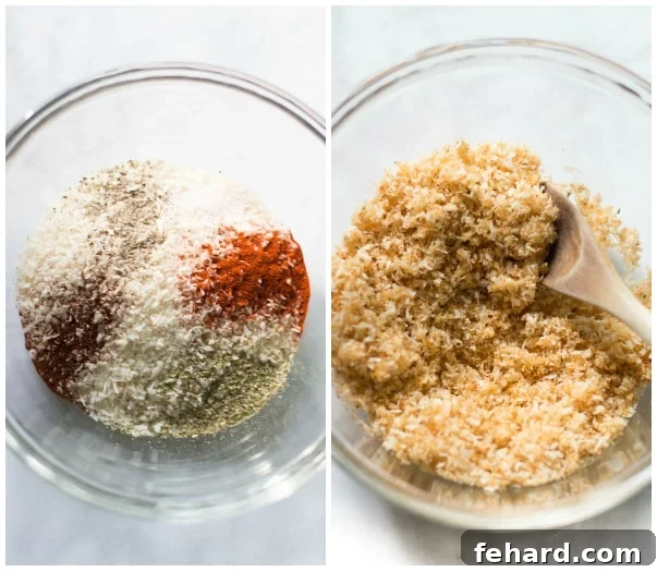 A two-part image showing dried seasonings being mixed in a bowl, followed by the addition of panko breadcrumbs for a flavorful topping.