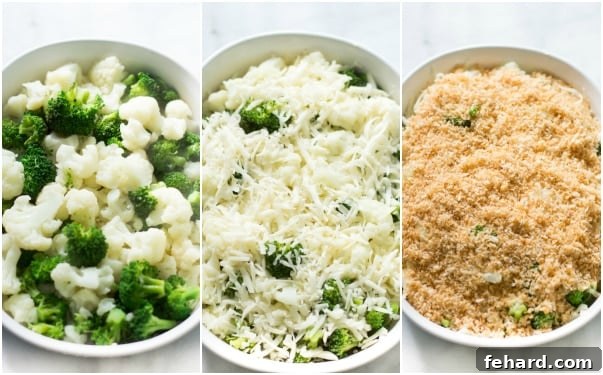 The effortless layering process of creating a delicious Cheesy Broccoli-Cauliflower Bake. A series of three photos illustrating the assembly of the casserole: blanched vegetables in a dish, then topped with shredded cheese, and finally covered with the seasoned panko mix.