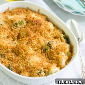 Golden Cheesy Broccoli Cauliflower Gratin 2 A close-up of the Cheesy Broccoli-Cauliflower Bake recipe card image.