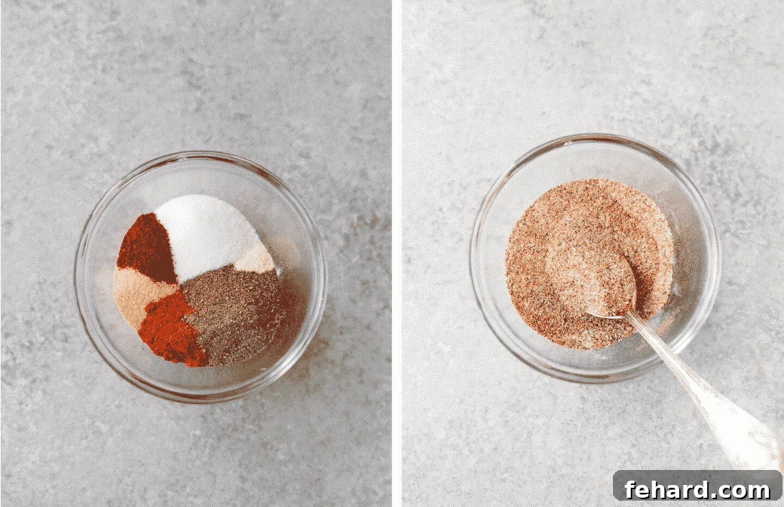 Effortlessly Tender Instant Pot Ribs 4 Set of two photos showing the dry rub ingredients for ribs and the spices being mixed together in a bowl.