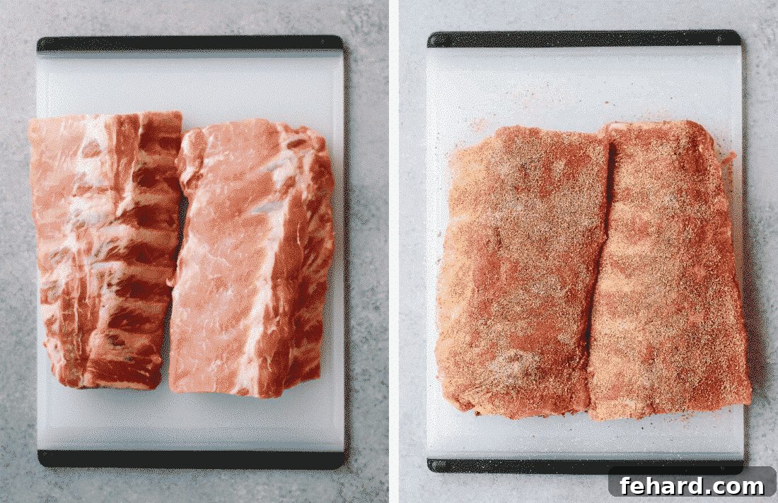 Effortlessly Tender Instant Pot Ribs 5 Set of two photos showing a rack of ribs before and after they've had a generous dry rub applied.