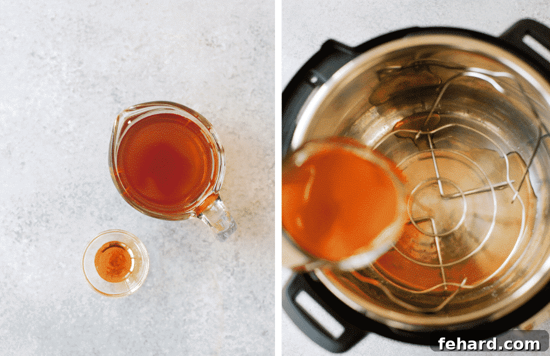 Effortlessly Tender Instant Pot Ribs 6 Set of two photos showing beef broth and liquid smoke being combined and then added to an Instant Pot base.