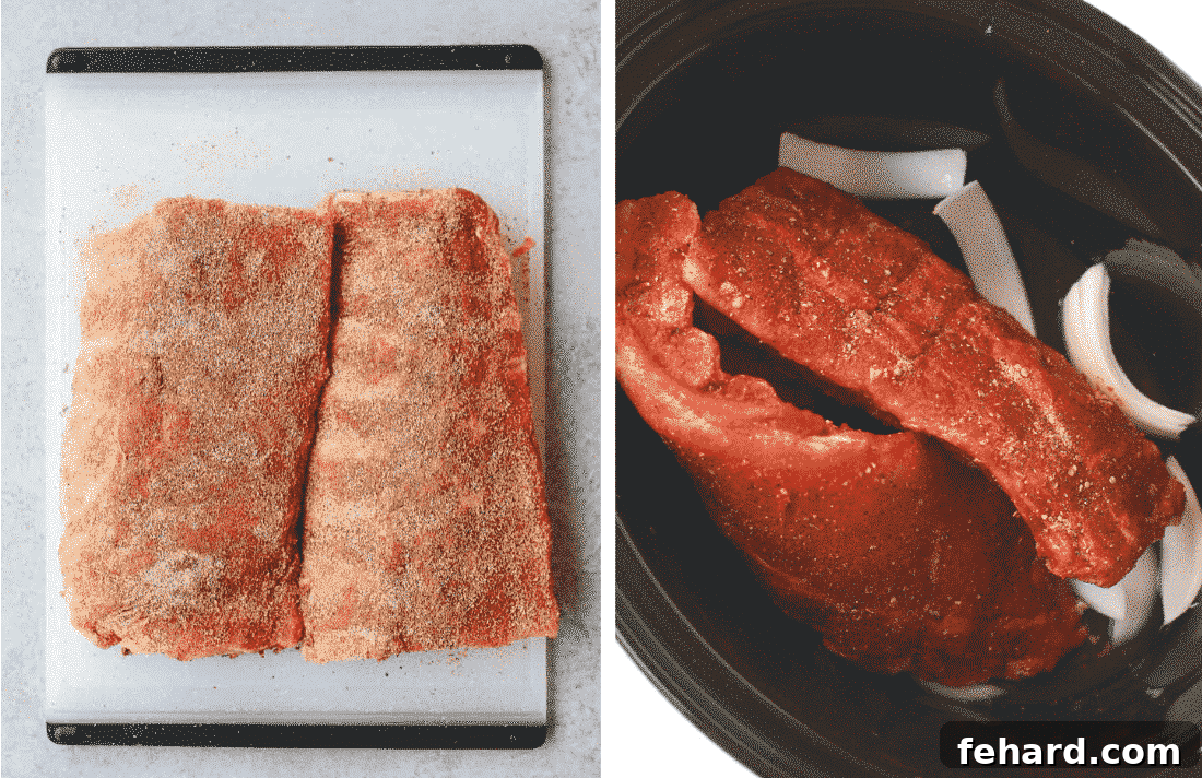 Fall-Off-The-Bone Slow Cooker Ribs 6 Set of two photos: raw ribs being covered in dry rub and then placed in a slow cooker with sliced onions.