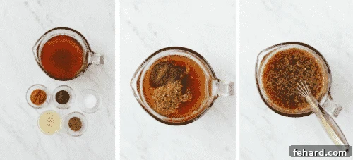 Set of photos showing a glass cup filled with chicken broth and spices.