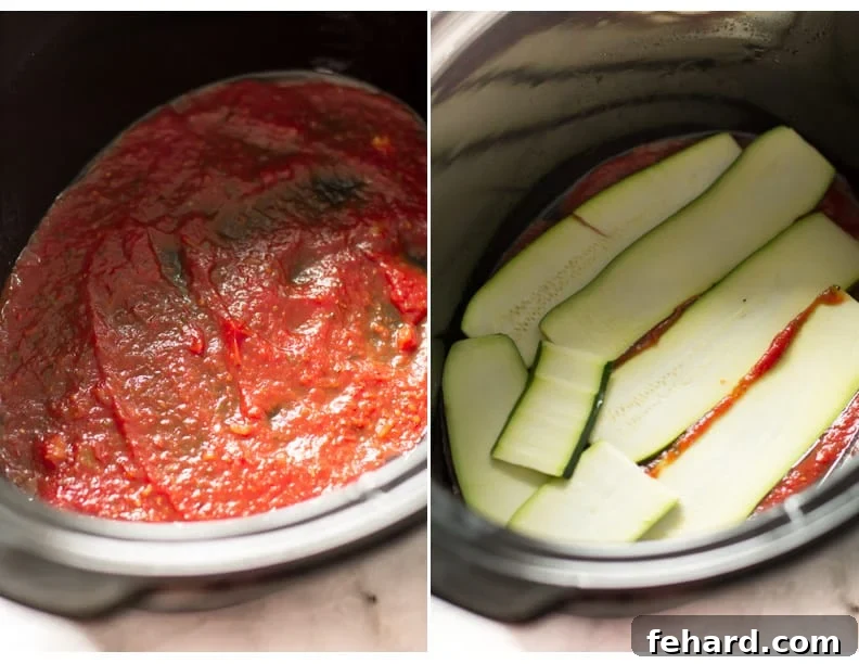Slow Cooker Zucchini Lasagna - Building the layers for a perfect low-carb meal. Set of two photos showing rich tomato sauce added to the bottom of a slow cooker, followed by a layer of perfectly sliced zucchini on top.
