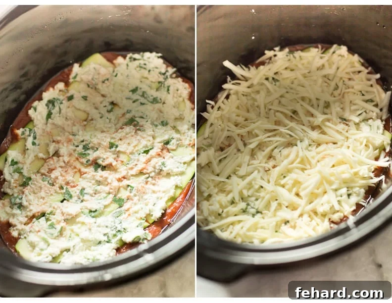Slow Cooker Zucchini Lasagna - The creamy heart of your low-carb lasagna. Set of two photos showcasing the preparation of the ricotta mixture and the addition of freshly grated Parmesan cheese into the slow cooker layers.