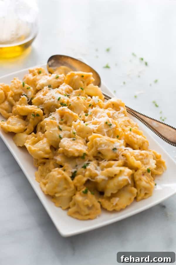 A close-up shot of cheese tortellini coated in a rich, creamy pumpkin sauce, garnished with fresh green herbs.