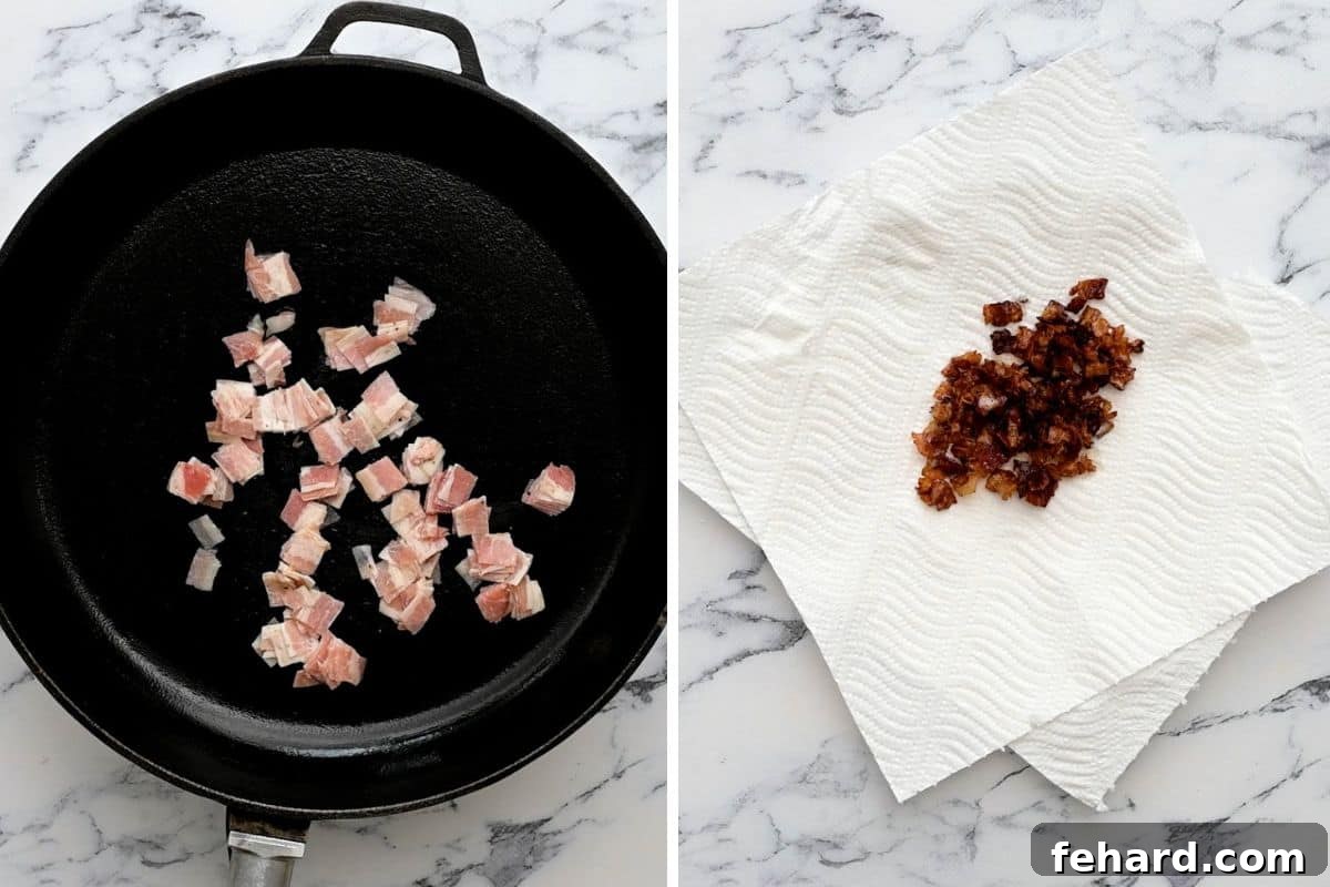 Two side-by-side images showing uncooked bacon strips in a skillet and then perfectly crispy, golden-brown bacon resting on a paper-towel-lined plate.