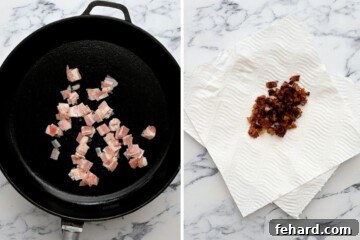 Two pictures side by side showing bacon in skillet before sauteeing and brown and crispy bacon on paper-towel-lined plate.
