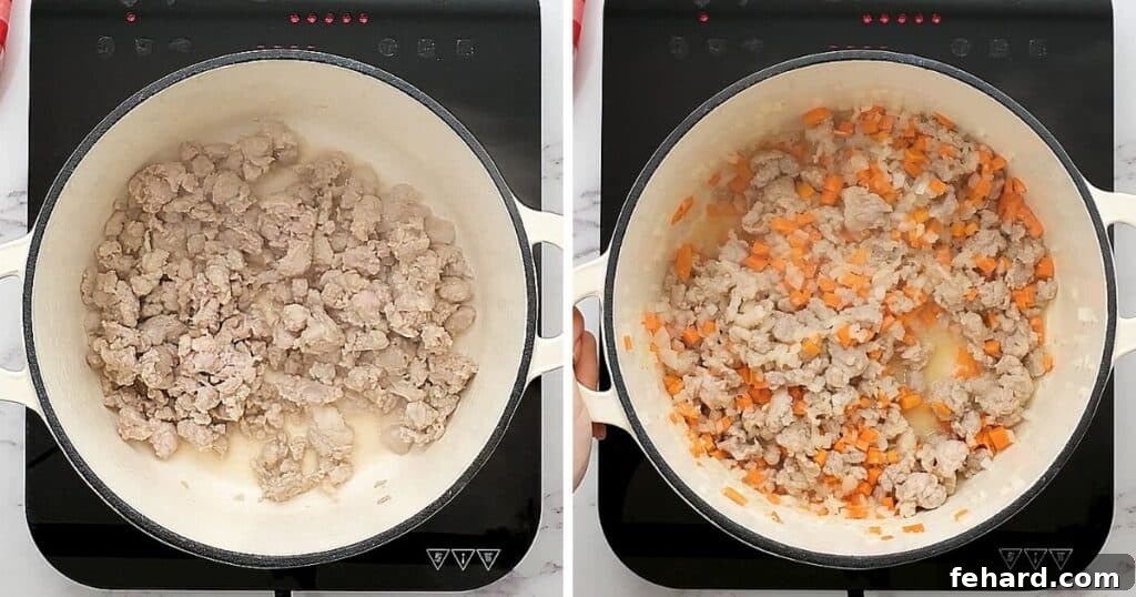 Process images showing browned Italian sausage, followed by sausage sautéed with diced carrots and onions in a pan.