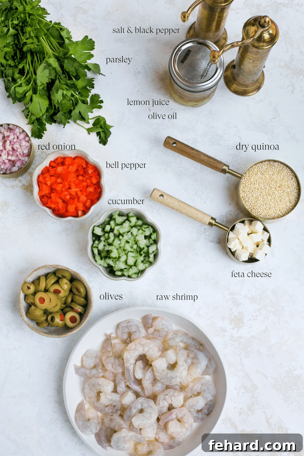 Vibrant Shrimp Quinoa Bowl 3 overhead view of the ingredients to make shrimp quinoa salad