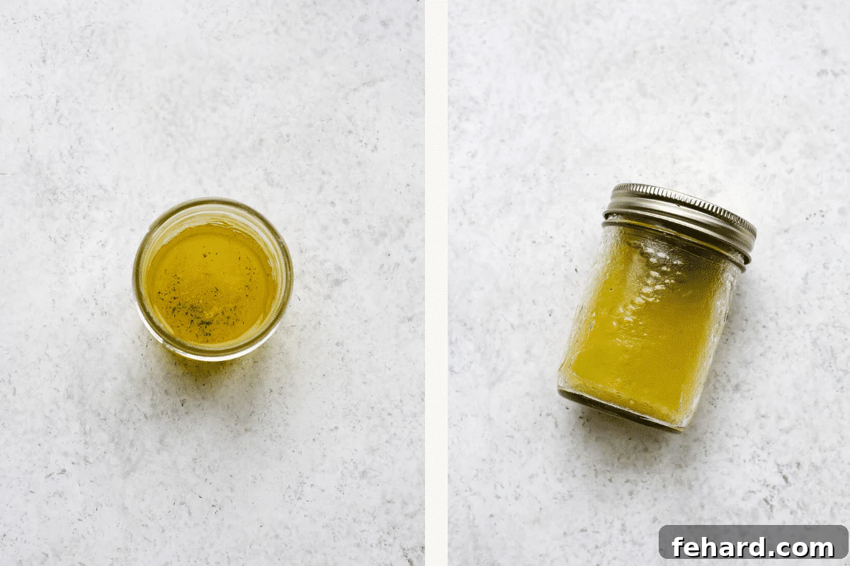 Vibrant Shrimp Quinoa Bowl 7 Vinaigrette dressing in a mason jar