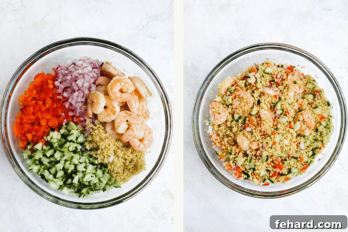 Vibrant Shrimp Quinoa Bowl 8 Overhead view of all the ingredients to make quinoa salad in a glass bowl.