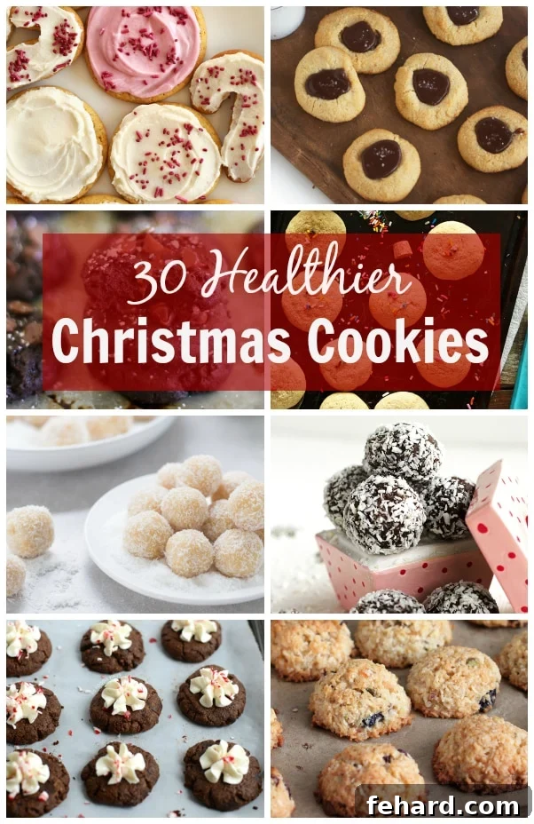 A photo collage of several different cookies with the title 30 Healthier Christmas Cookies in the center. A festive collection of delicious and guilt-free holiday treats.