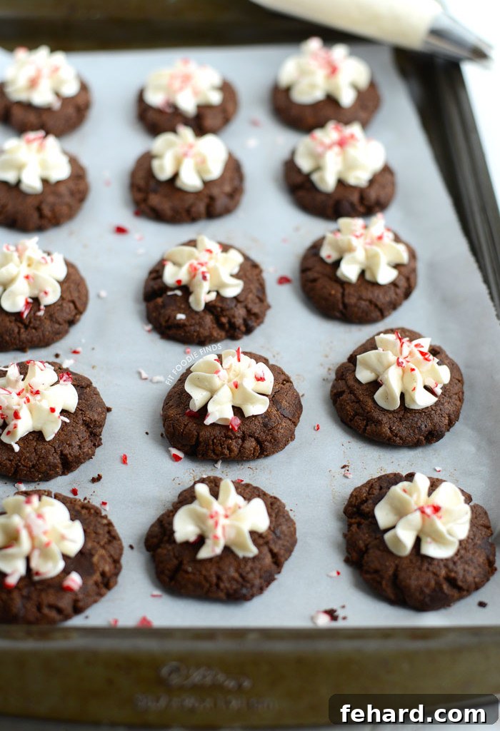 Paleo Hot Cocoa Cookies topped with whipped cream and crushed candy canes on a baking sheet. These rich cookies capture the comforting flavor of hot cocoa, made paleo-friendly.