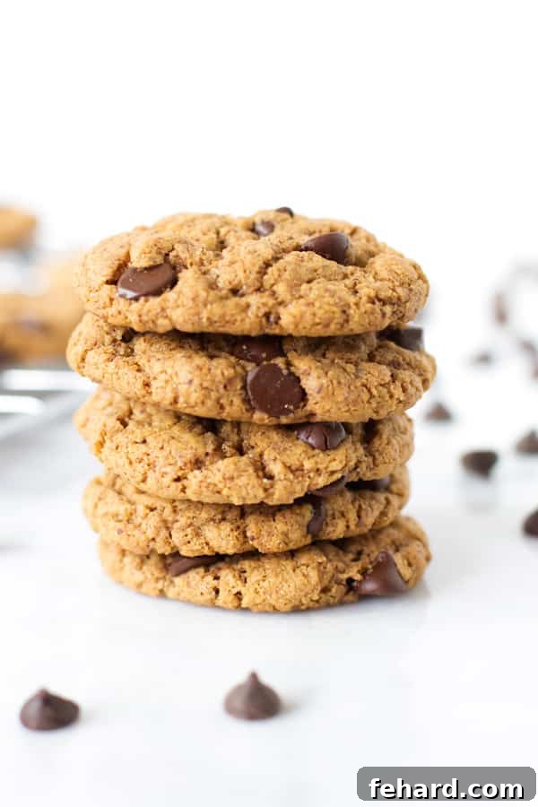A stack of five gluten-free Chocolate Chip Cookies with chocolate chips in the background. A classic favorite, reimagined for gluten-free diets.