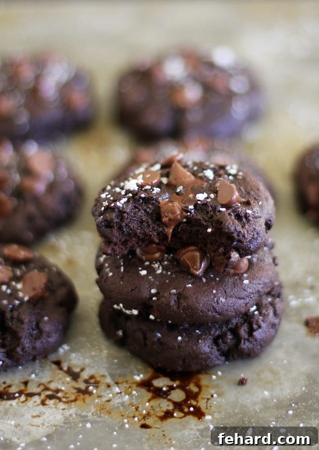 A stack of three Gluten-free Salted Double Chocolate Buckwheat Cookies on parchment paper. These decadent, gluten-free cookies offer a delightful blend of sweet and salty chocolate.
