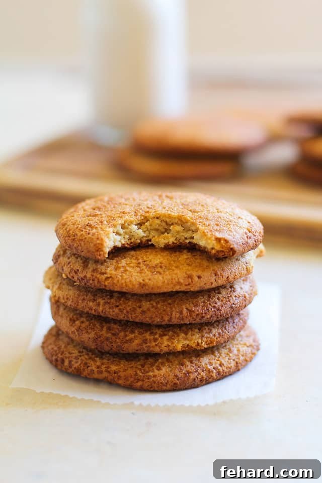 A stack of gluten-free snickerdoodles on parchment paper. Classic cinnamon-sugar flavor, made without gluten.