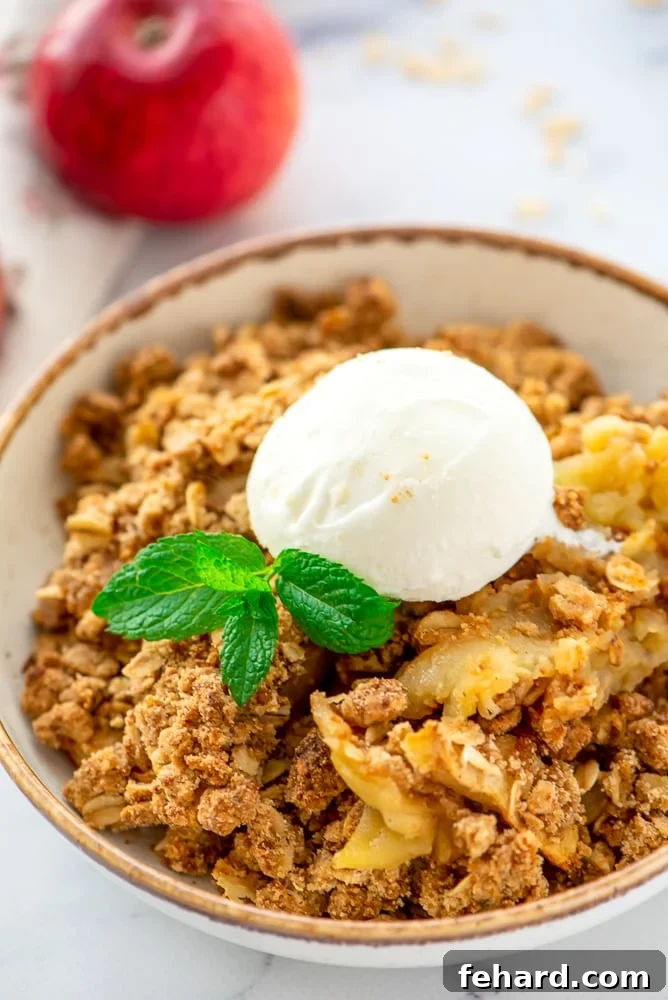 Baked Apple Crisp with Oatmeal served in a bowl topped with vanilla ice cream, ready to be enjoyed as a comforting fall dessert.