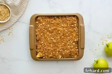 Apple Crisp with oat topping meticulously assembled in a baking dish, ready for baking.