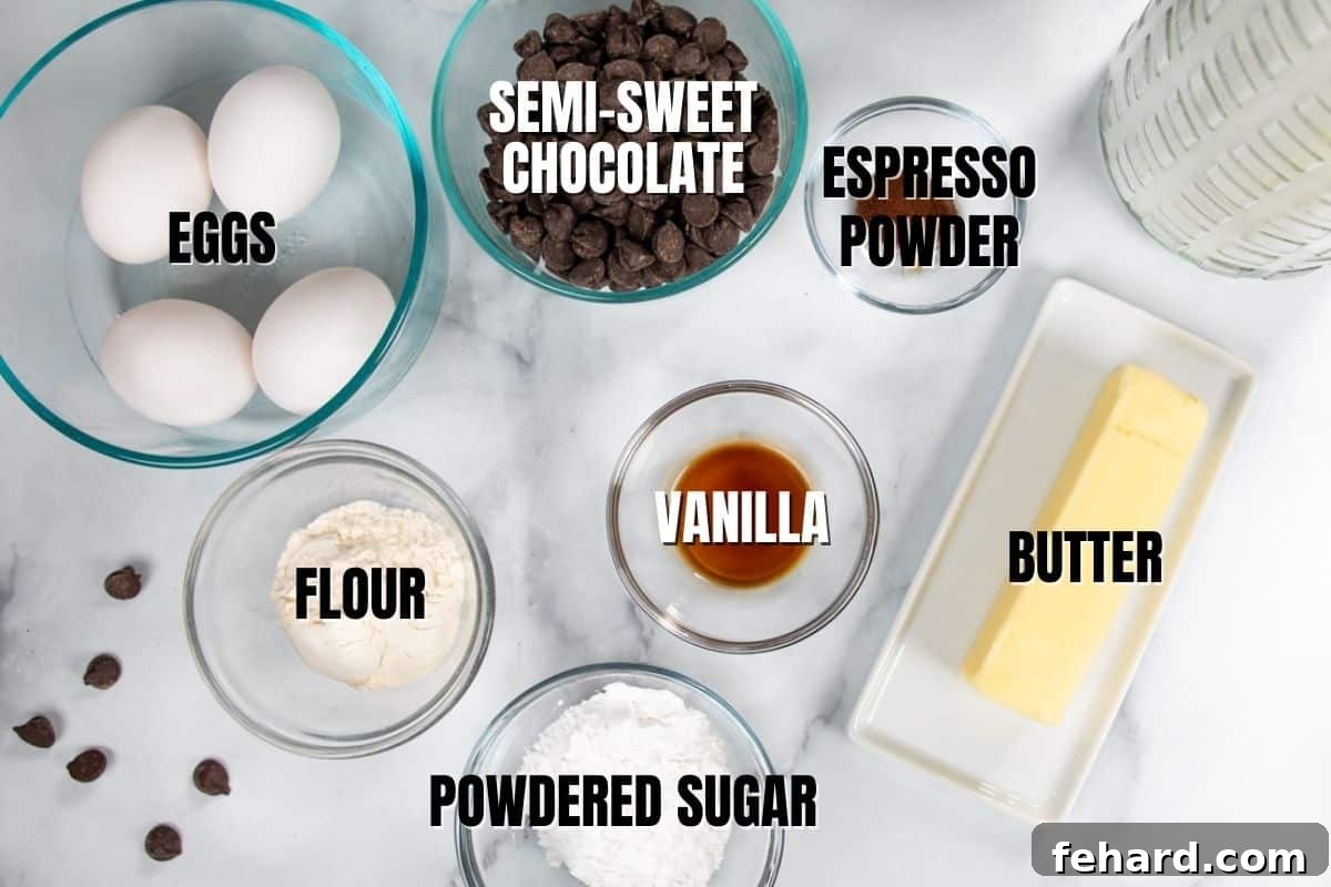 Decadent Instant Pot Lava Cakes 2 Ingredients for lava cake labeled in text.