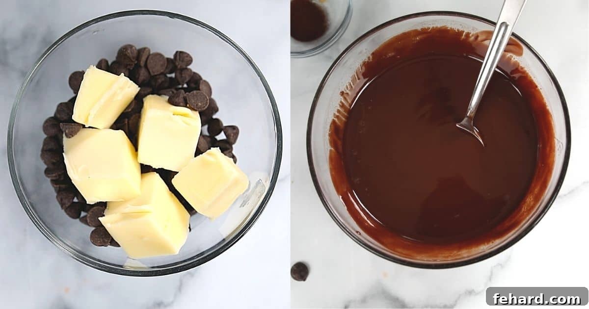 Best Molten Lava Cake Recipe Side by side picture of butter with chocolate before and after melting.
