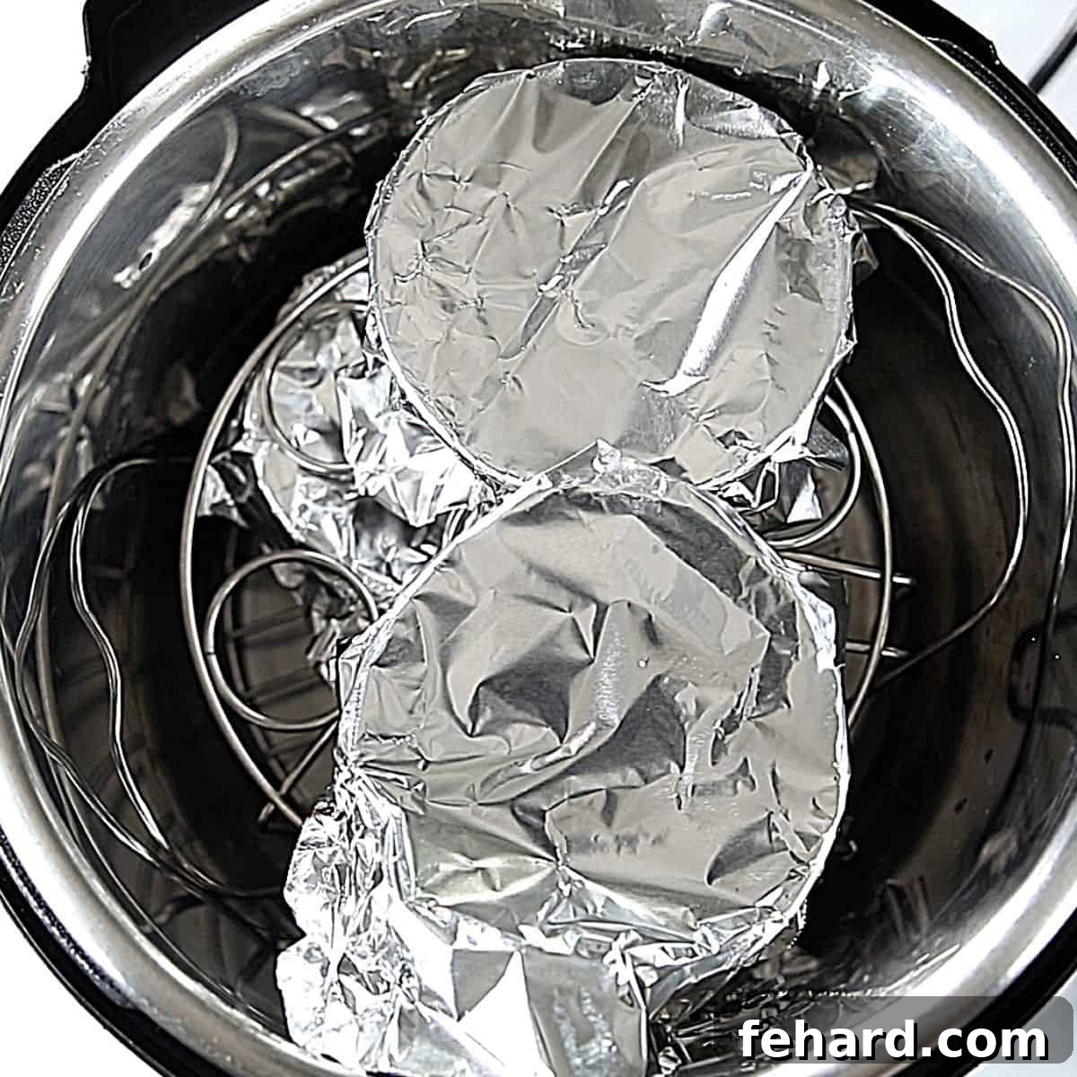 Instant Pot Lava Cake Recipe Ramekins on rack inside instant pot.