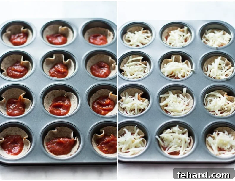 Close-up of baked mini tortilla pizzas, showing the crispy tortilla base and melted toppings.