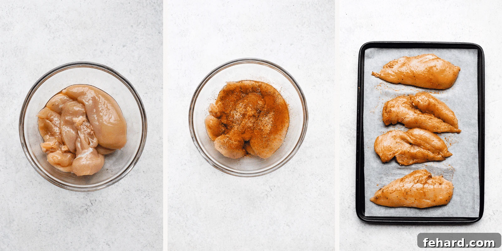 Left: chicken and oil in bowl. Middle: seasonings added. Right: chicken on baking sheet.