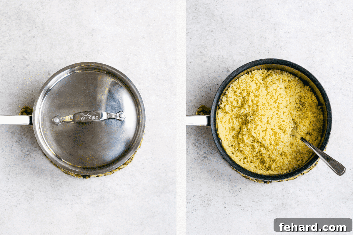 Left: lidded saucepan. Right: fluffed couscous in saucepan.