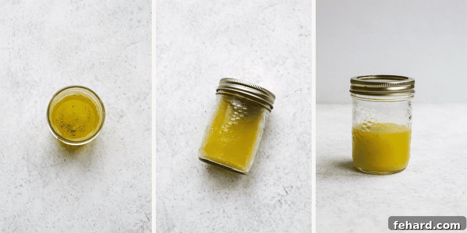 Left: dressing ingredients in jar. Middle: dressing in jar. Right: dressing in jar.