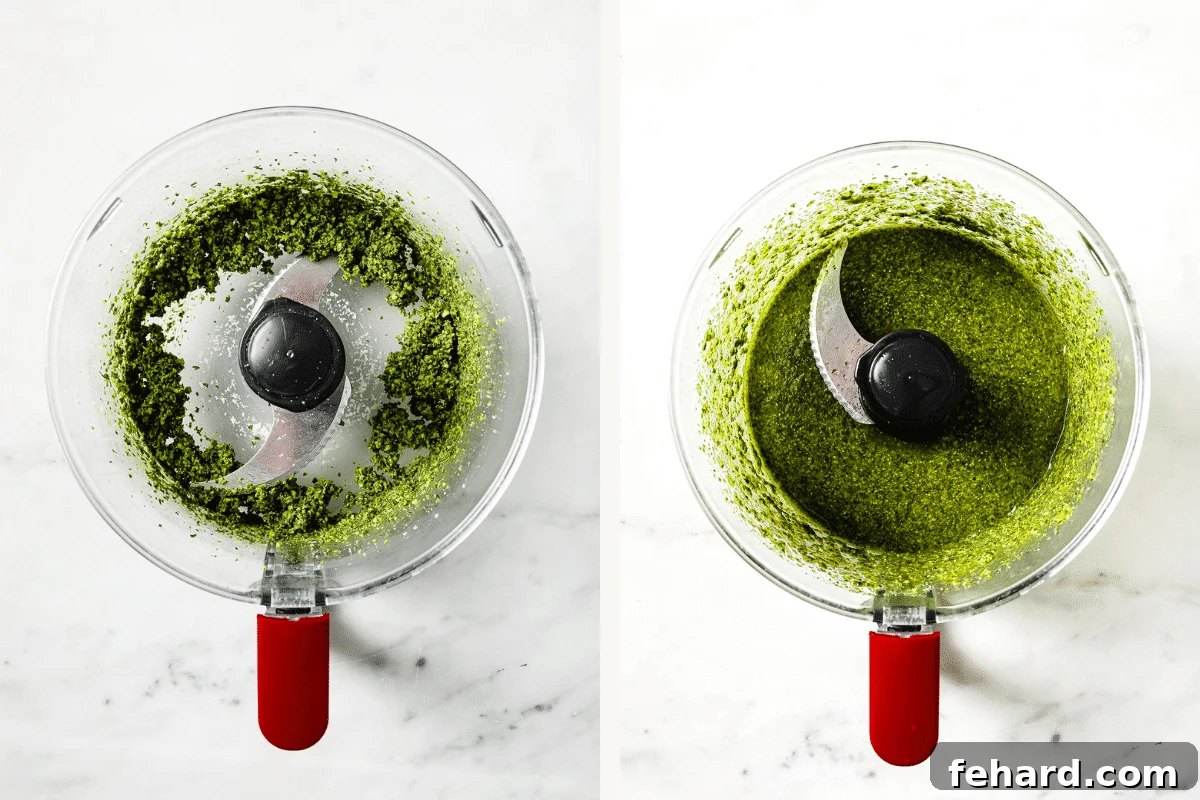 Visual progression of pesto making: Left shows ingredients coarsely chopped in a food processor; Right shows the finished, smooth pesto with olive oil added.