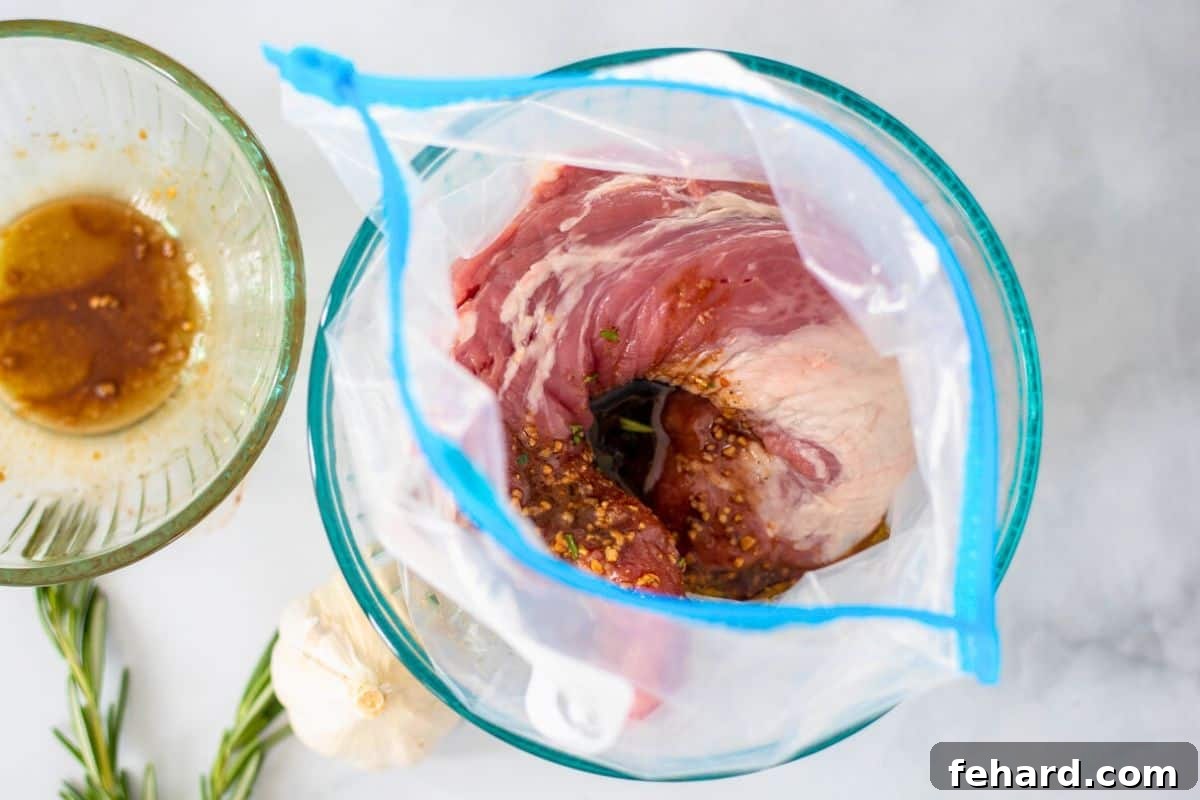 One pork tenderloin neatly placed in a gallon-sized storage bag, with the balsamic marinade generously poured over the pork, ensuring full coverage and even flavoring.