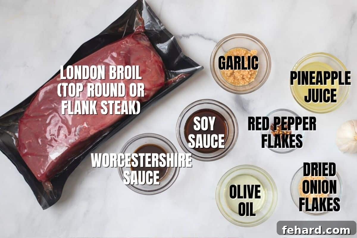 Recipe for London Broil A curated display of fresh ingredients for London Broil marinade, including pineapple juice, soy sauce, Worcestershire, olive oil, garlic, and dried onion flakes.