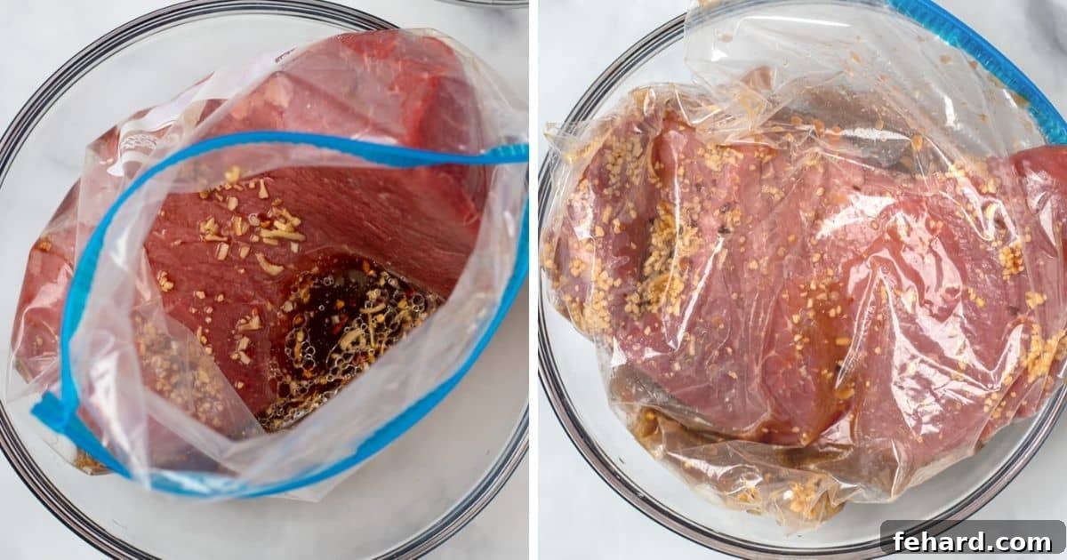 London Broil Marinade Two side-by-side photos demonstrating London Broil beef: one before marinating, and the other fully coated in the sweet and savory marinade.