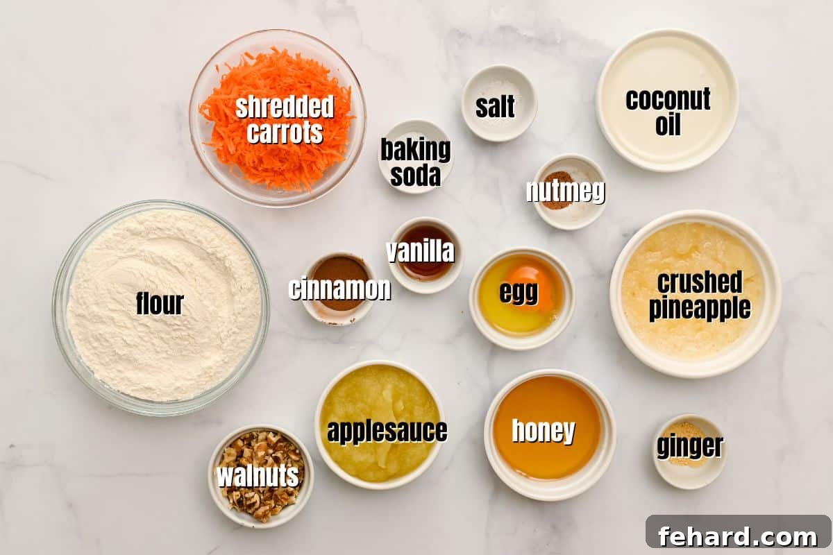 All the ingredients for healthy carrot cake muffins laid out on a kitchen counter with text overlays.