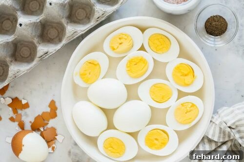 overhead view of a plate with hard boiled eggs
