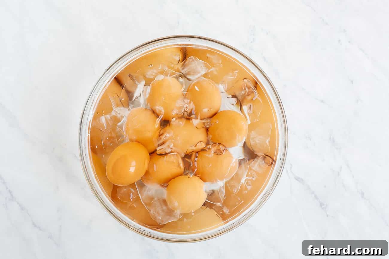 Hard boiled eggs in an ice bath.