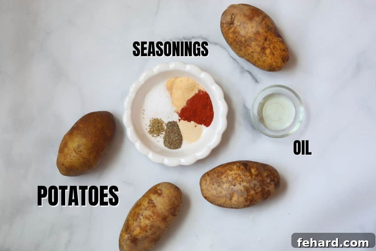Preparing Crispy Air Fryer Potatoes Fresh russet potatoes on a wooden counter, next to a small bowl of olive oil and another bowl containing a blend of dried herbs and spices, ready for seasoning.