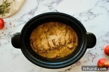 Cooked Pork Loin roast with apples and onions in slow cooker.