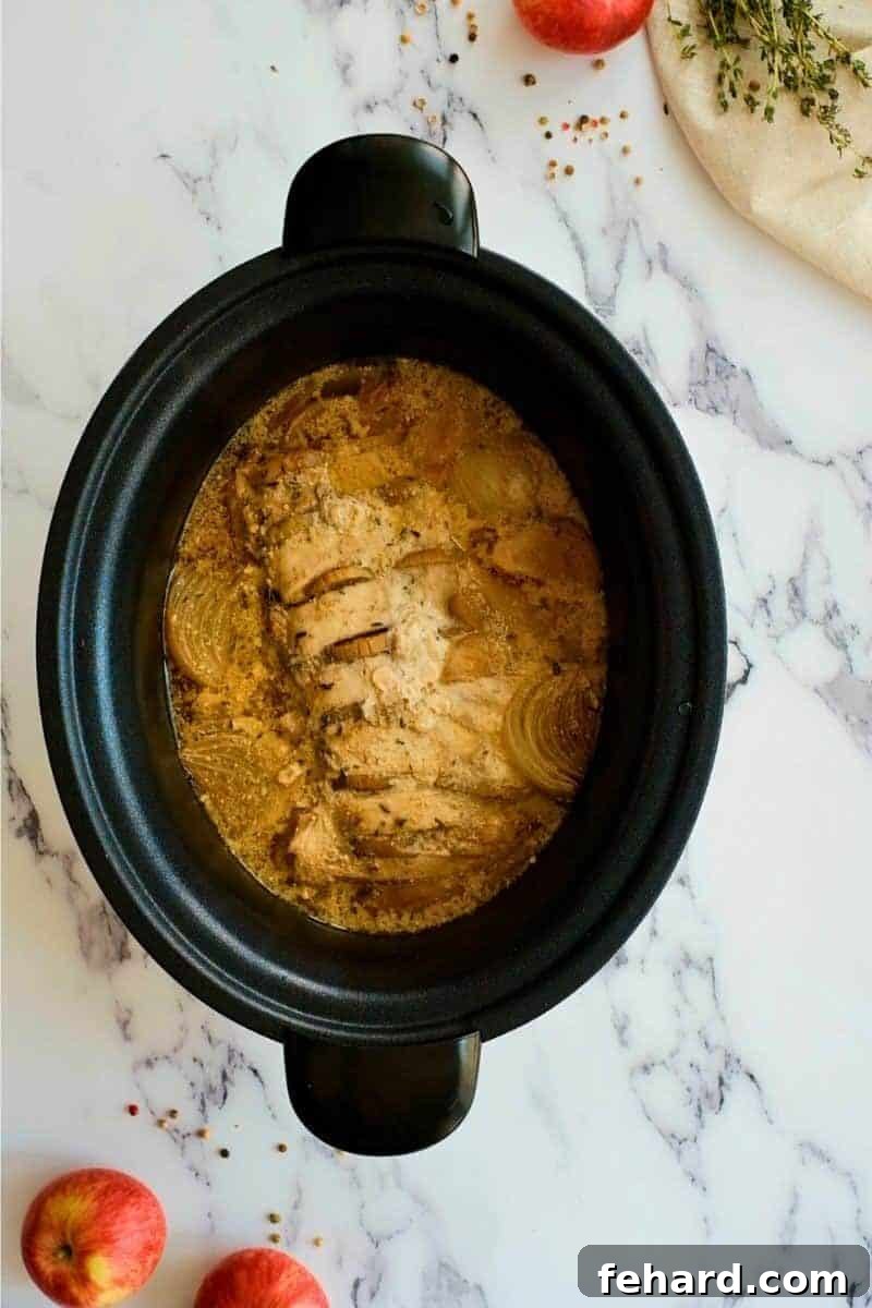 Cooked Pork Loin roast with apples and onions in slow cooker, looking tender and juicy.
