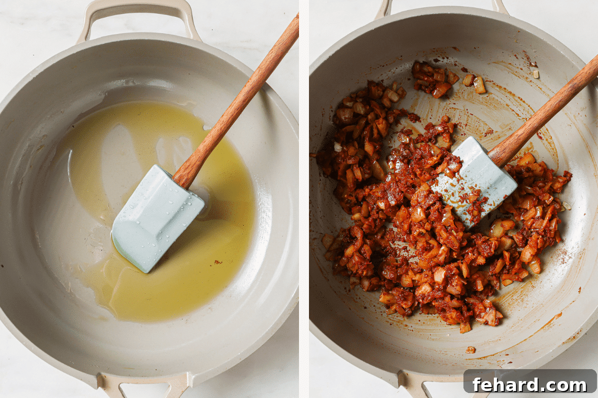 Set It and Forget It Chili 4 Left: Olive oil shimmering in a hot skillet. Right: Chopped onions, minced garlic, and tomato paste are added to the skillet, starting the sautéing process.
