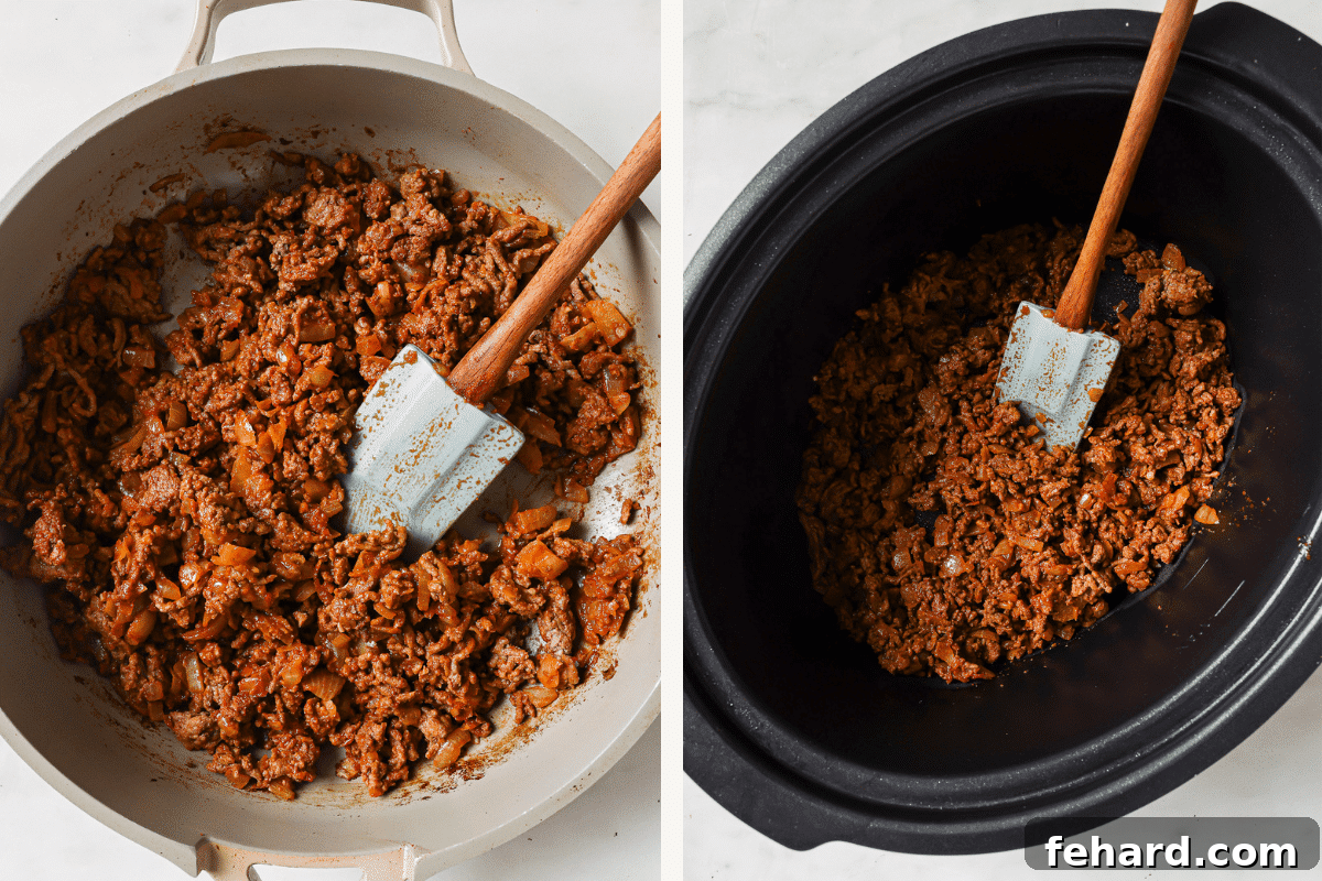 Set It and Forget It Chili 5 Left: Perfectly browned ground beef in the skillet, ready to be transferred. Right: The cooked ground beef and aromatics mixture settled into the slow cooker.