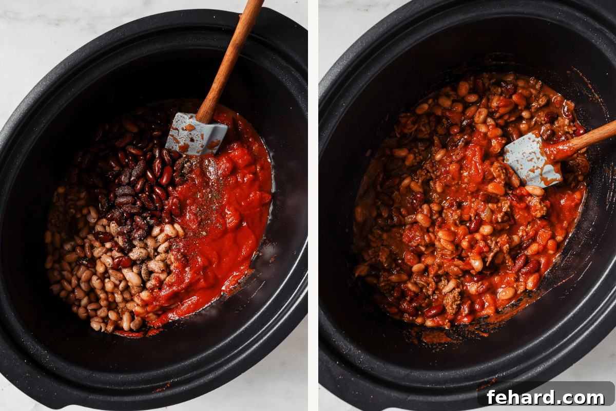 Set It and Forget It Chili 6 Left: Canned kidney beans, pinto beans, and diced tomatoes being added to the slow cooker. Right: All chili ingredients mixed together in the slow cooker, ready for cooking.