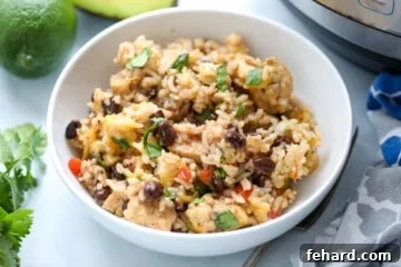 Effortless Instant Pot Burrito Bowls 10 Instant Pot Chicken Burrito Bowl dished up in white bowl.