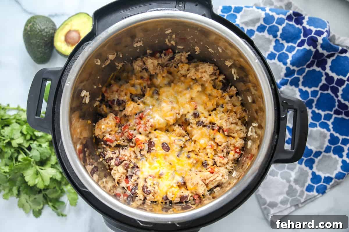 Instant Pot Chicken Burrito Bowl with Melted Cheese Chicken and rice mixture generously topped with melting cheese inside the Instant Pot.