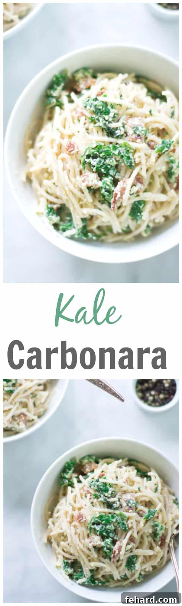 Kale Carbonara - Make this classic Italian Carbonara recipe packed with eggs, cheese, bacon and kale. This is definitely a super easy, quick and rich recipe for dinner. 