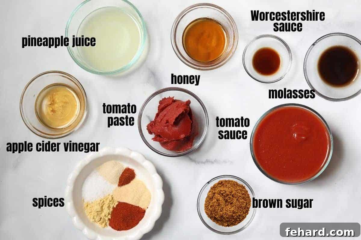 Handcrafted Barbecue Flavor 2 All the ingredients for homemade barbecue sauce laid out on a kitchen counter, clearly labeled.