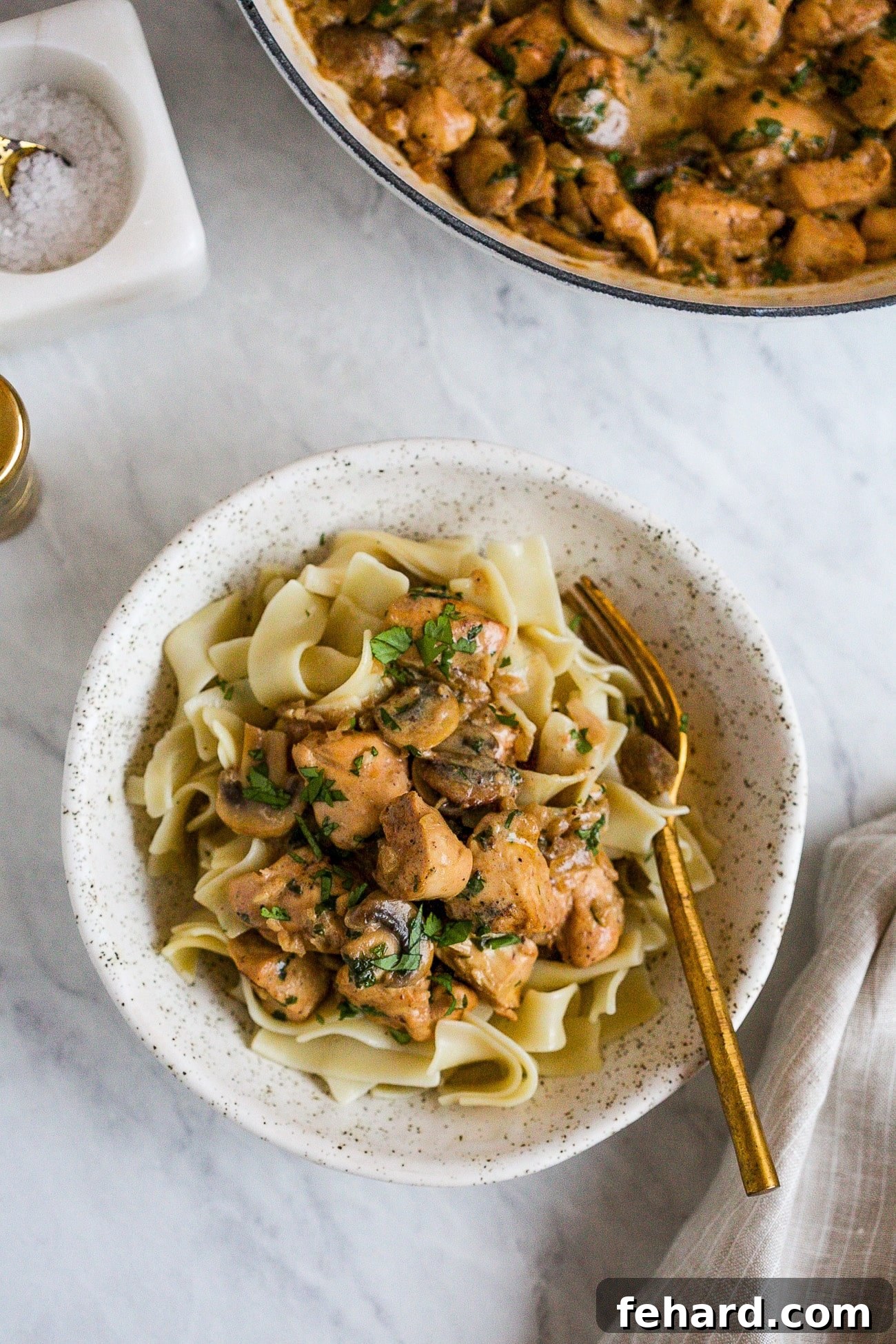 A serving bowl filled with creamy chicken stroganoff and egg noodles, garnished with fresh parsley, ready to be enjoyed.