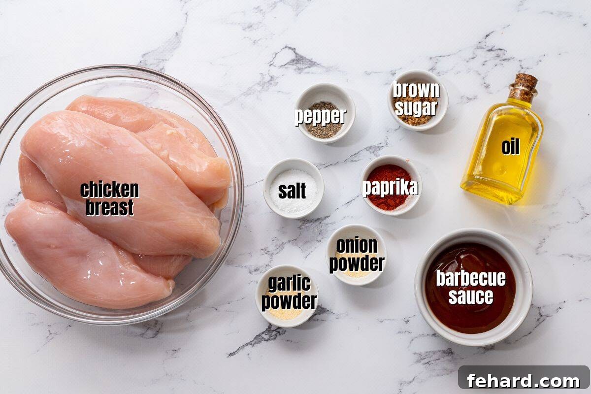 Ingredients for bbq chicken with homemade spice blend on counter labeled.